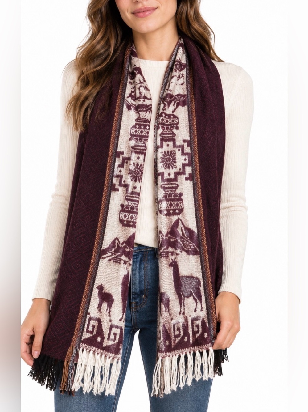 Handmade in Peru Patterned Tassel Scarf Vest - Burgundy Cream. OS